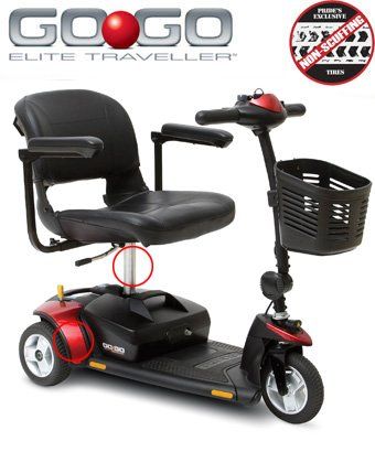 GoGo Elite Traveller mobility scooter. Red and black, three wheels, basket, seat, for personal mobility.