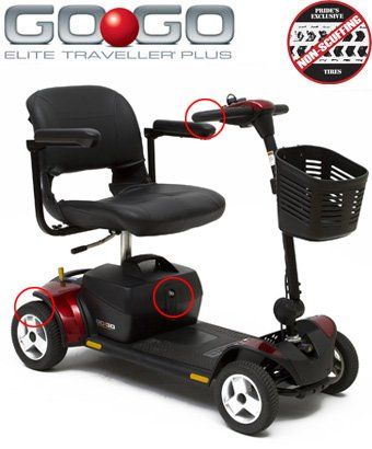 Red and black Go-Go Elite Traveller Plus mobility scooter with basket and armrests, angled view.