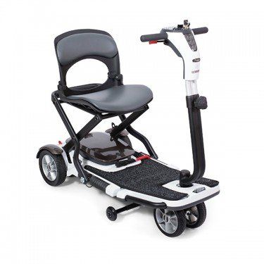 Foldable, white and gray mobility scooter with a black handlebar, seated and ready for use.