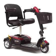 Red and black mobility scooter with basket, for indoor or outdoor use.