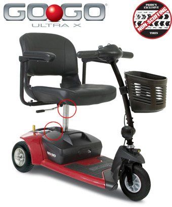 Red Go-Go Ultra X mobility scooter with black seat, basket, and tires. Circled areas highlight adjustable components.