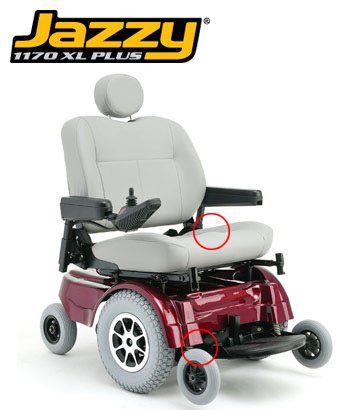 Jazzy 1170 XL Plus power wheelchair, burgundy and gray, with highlighted seat and wheel components.