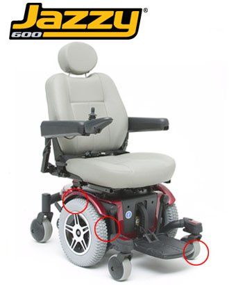 Jazzy 600 power wheelchair in maroon, grey seat, with joystick controller, and footrests, circles highlight the wheels.