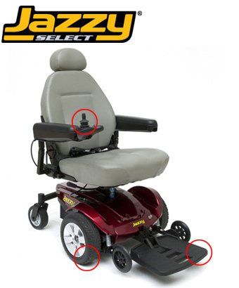 Jazzy Select power wheelchair; maroon, gray, black. Red circles highlight controller, footrest, and wheel.