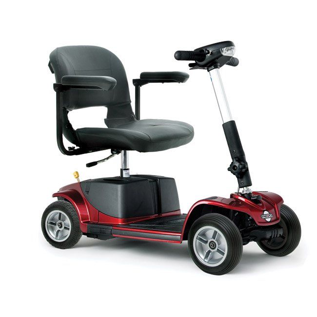 Red mobility scooter with black seat and armrests.