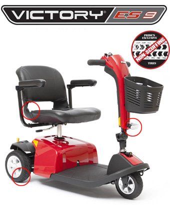 Red Victory ES9 mobility scooter with basket and non-scuffing tires.