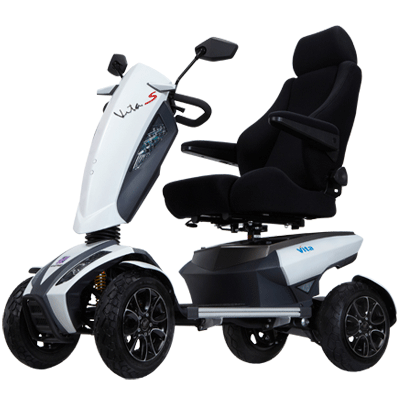 White and black mobility scooter with a black seat and large, black wheels.