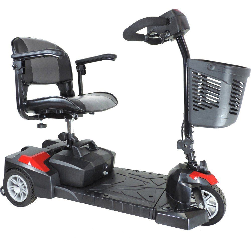 Black and red mobility scooter with basket and adjustable seat.