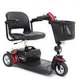 Red and black mobility scooter with a basket, designed for individuals with limited mobility.