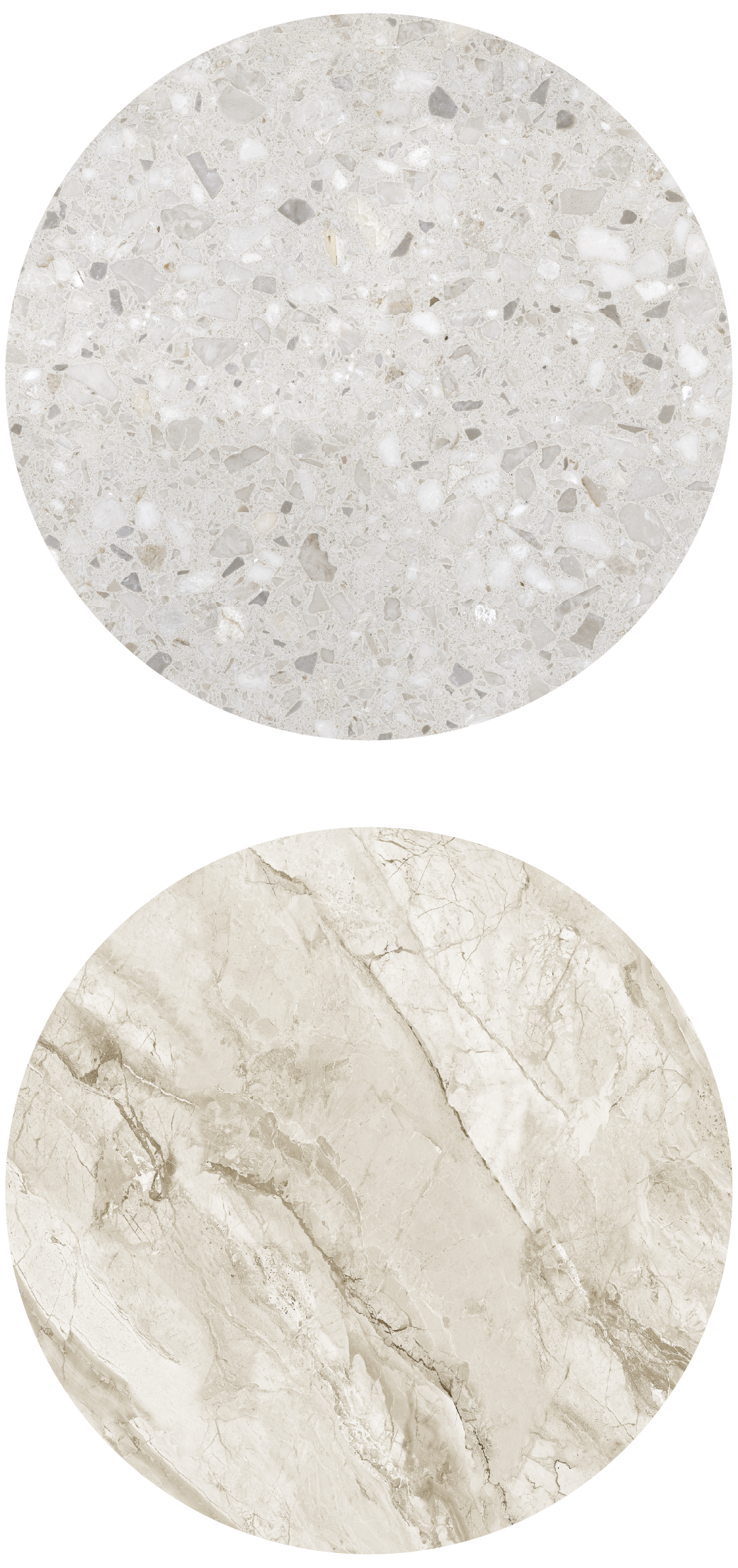 Two circular stone textures; top one light gray and speckled, bottom one light beige with veins.