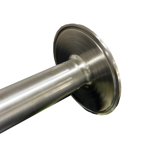 A close up of a stainless steel pipe on a white background
