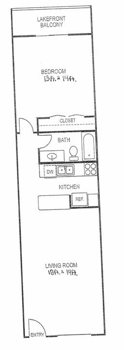 Black-and-white floor plan of a narrow apartment with bedroom, bath, kitchen, living room, and closet.