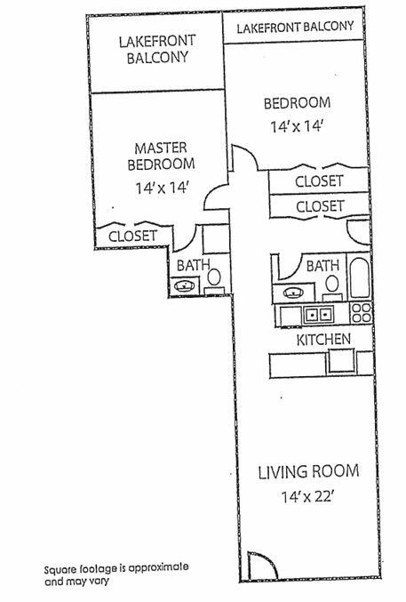 Black-and-white apartment floor plan with lakefront balconies, master bedroom, bedroom, kitchen, living room, and baths
