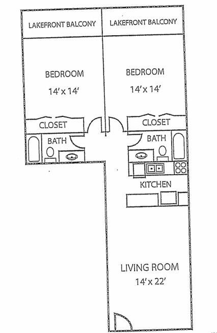 Black-and-white apartment floor plan with two bedrooms, two baths, kitchen, living room, closets, and balconies