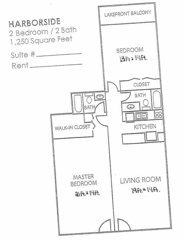 Hand-drawn apartment floor plan with labeled rooms, closets, and balcony, showing Harborside 2-bed, 2-bath layout