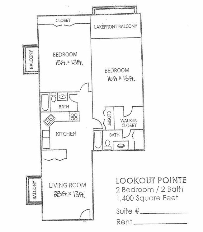 2-bedroom, 2-bath look-out pointe apartment floor plan with living room, kitchen, closets, and balcony