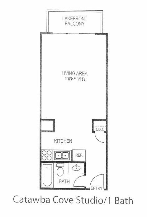 Floor plan of Catawba Cove studio/1 bath with kitchen, living area, bath, and lakefront balcony
