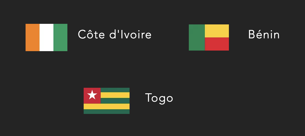 The flags of cote d ivoire benin and togo are shown on a black background