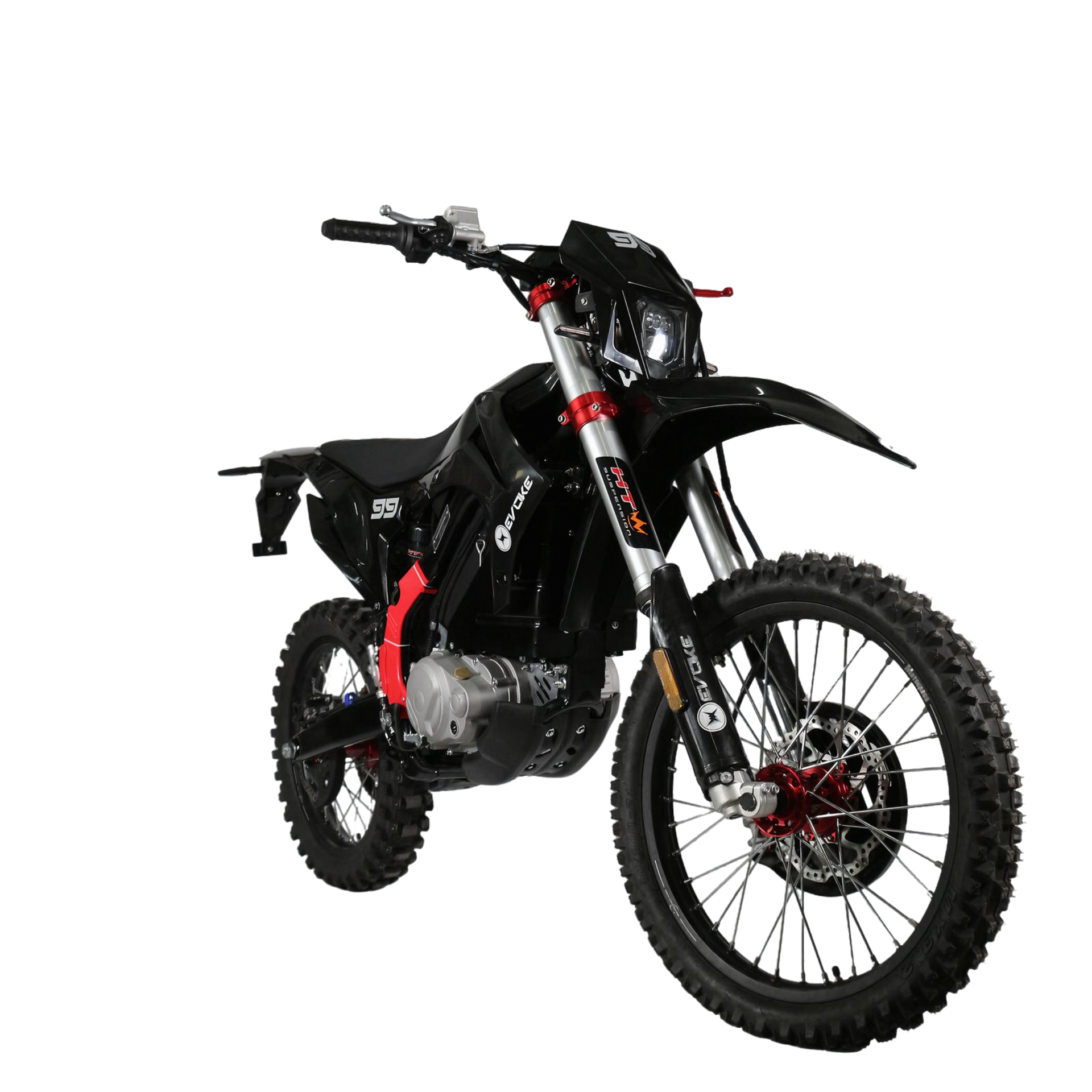 Evoke Motorcycles AmpX. A black electric dirt bike is sitting on a white background. right profile