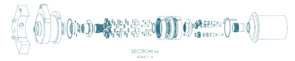 A close up of a drawing of a AmpX proprietary motor on a white background.