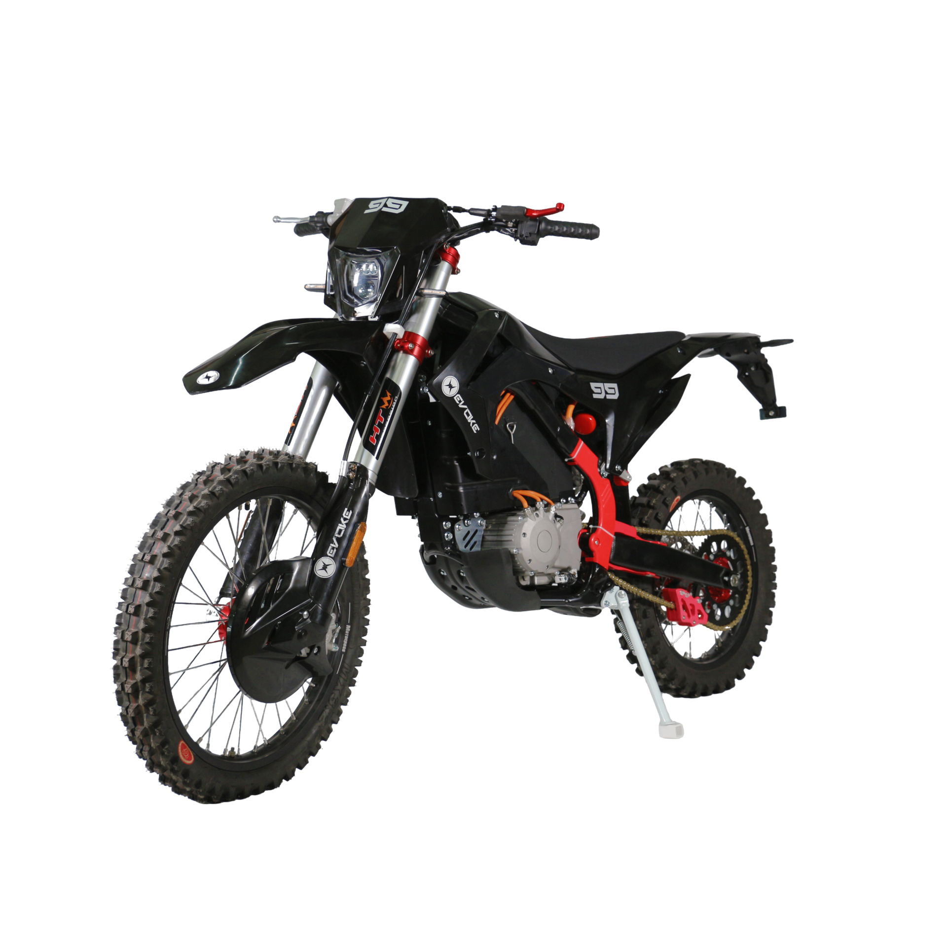 Evoke Motorcycles AmpX. A black electric dirt bike is sitting on a white background. Left profile