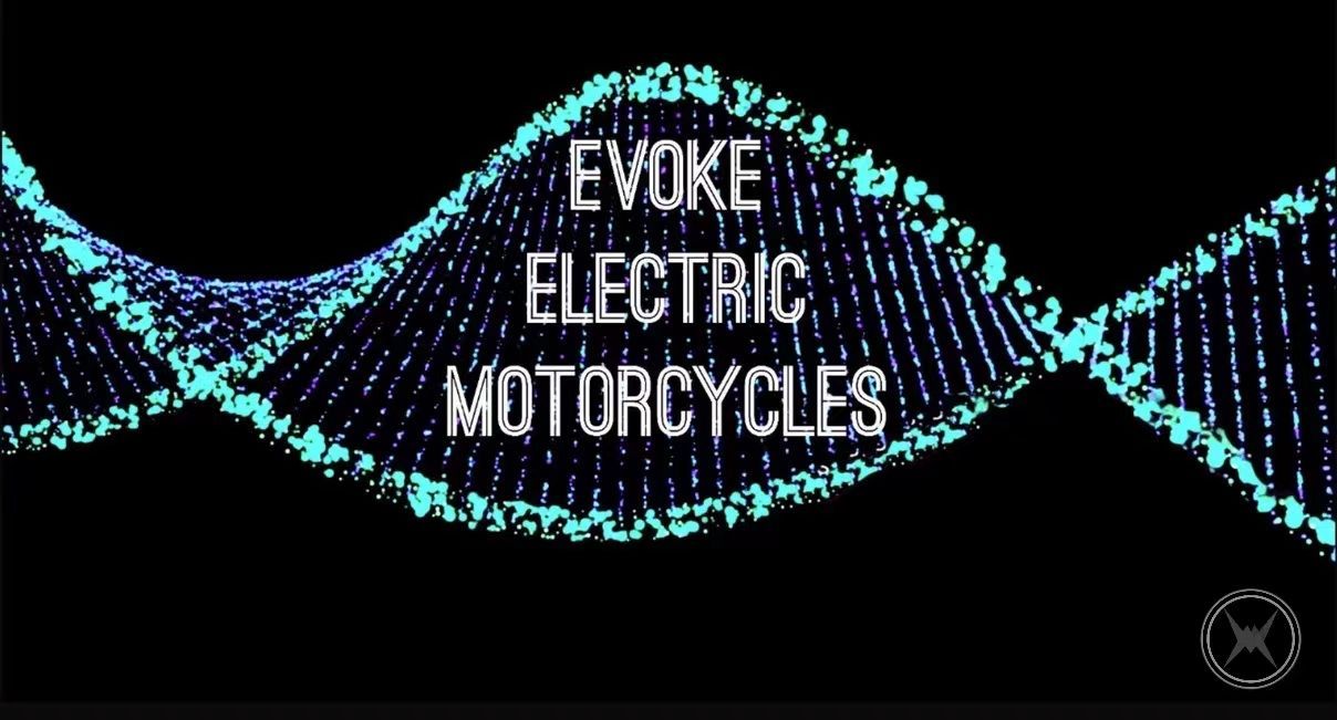 A logo for evoke electric motorcycles is displayed on a black background