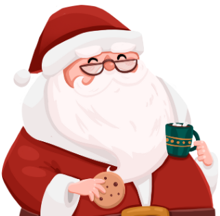 a picture of Santa holding a cup of hot chocolate and a cookie with Toys for Joy