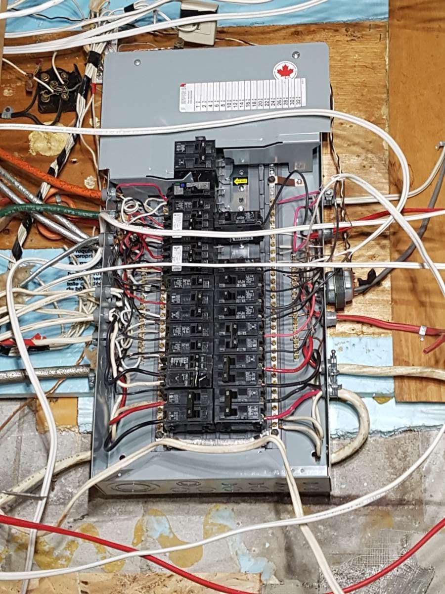 Un panneau électrique très en désordre avec beaucoup de fils qui en sortent.