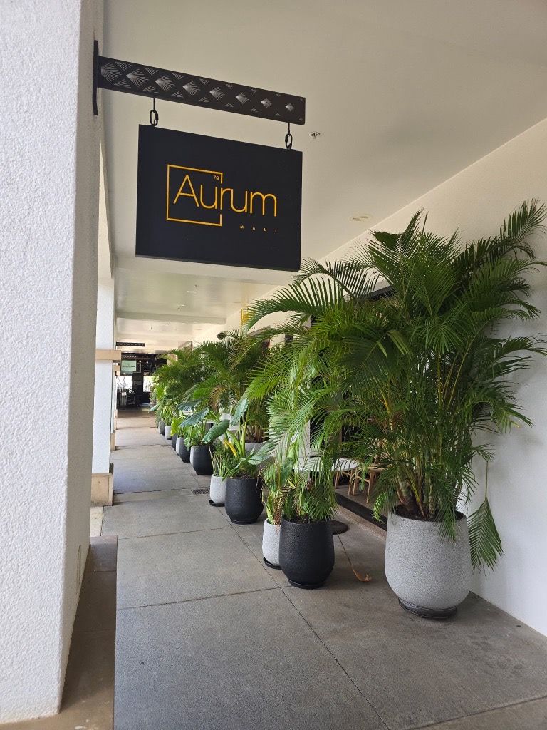 Sign for Aurum restaurant hanging above line of potted plants on a sidewalk.