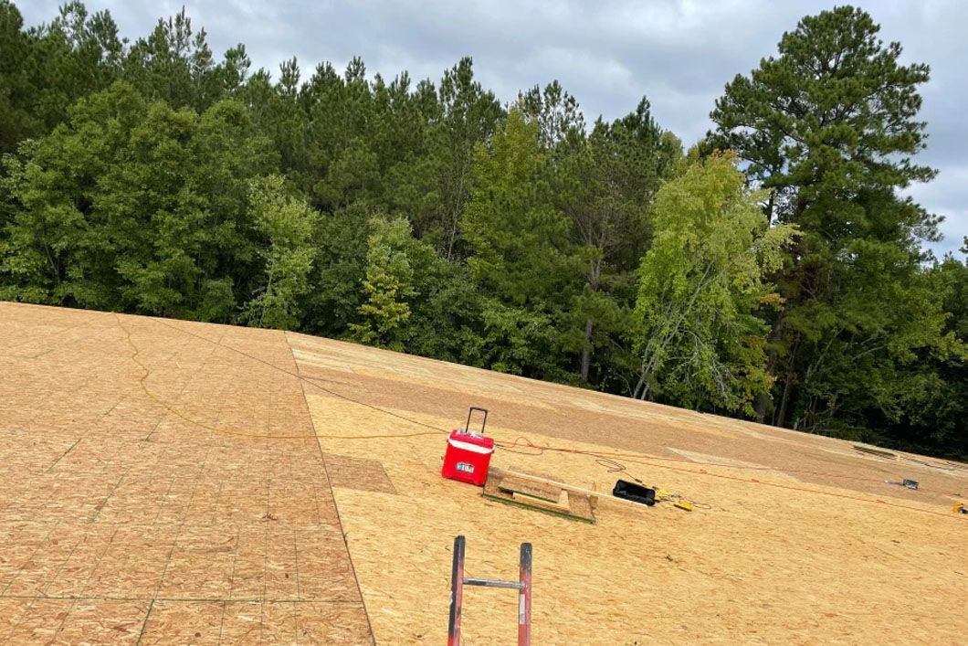 A ladder is sitting on top of a dirt field surrounded by trees.