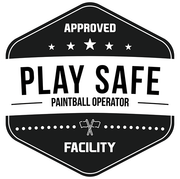 A black and white logo that says play safe paintball operator facility