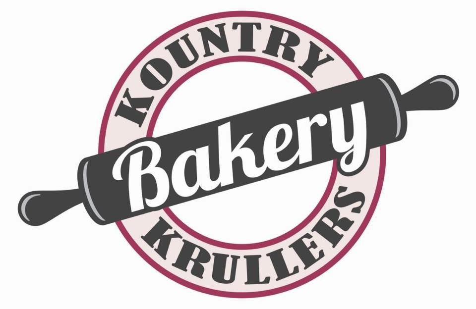Logo for Kountry Bakery Krullers featuring a rolling pin through a circular design with text.