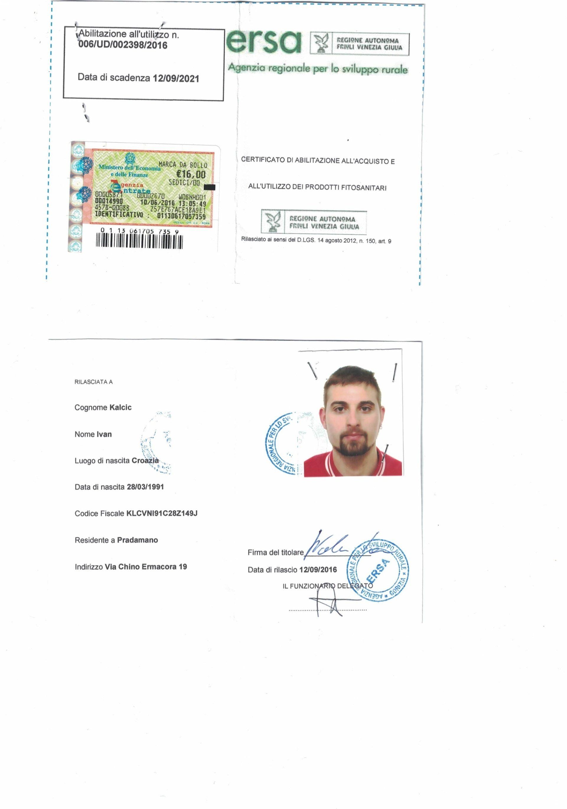 attestato per l'utilizzo di prodotti fitosanitari