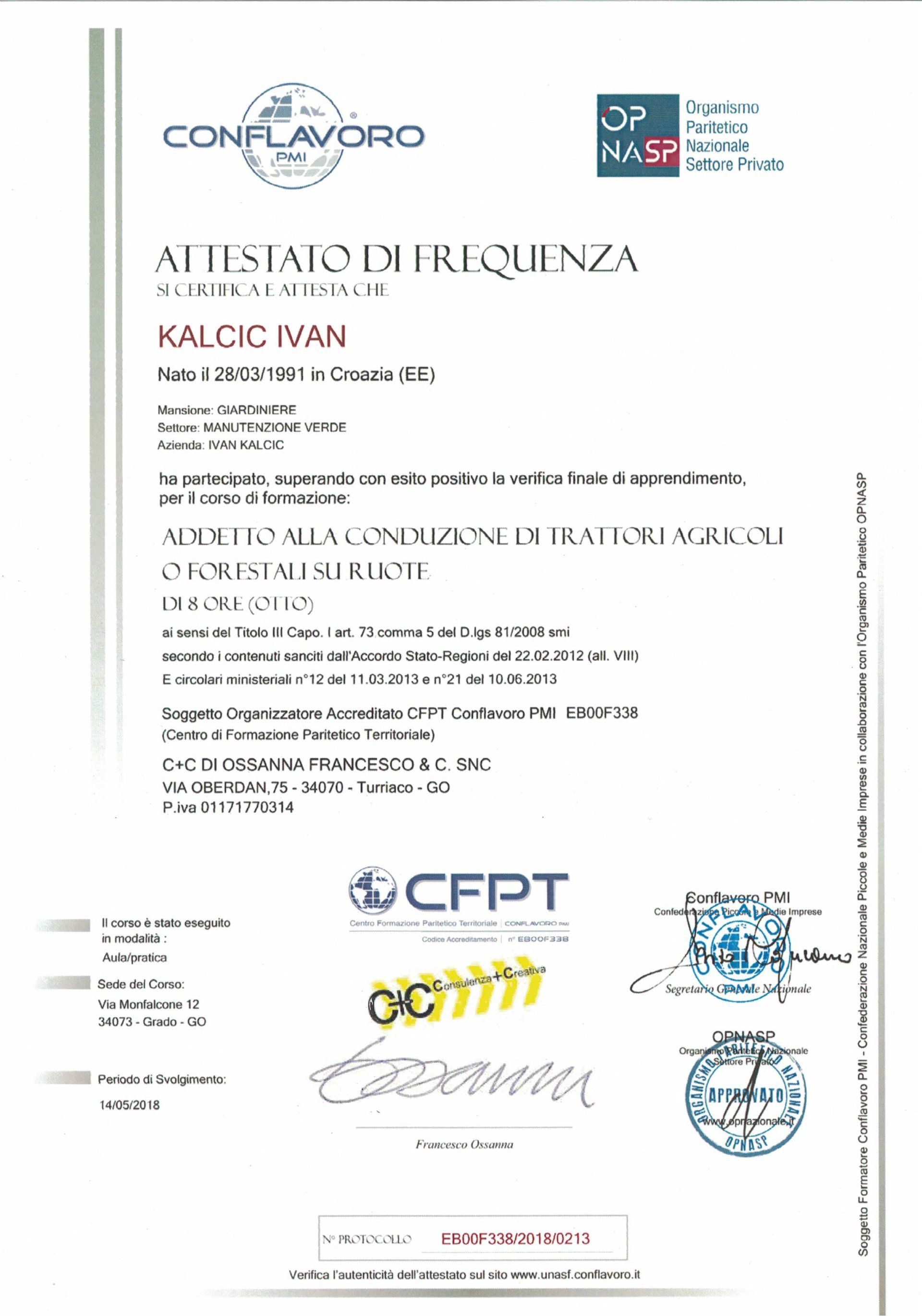 attestato per conduzione trattori