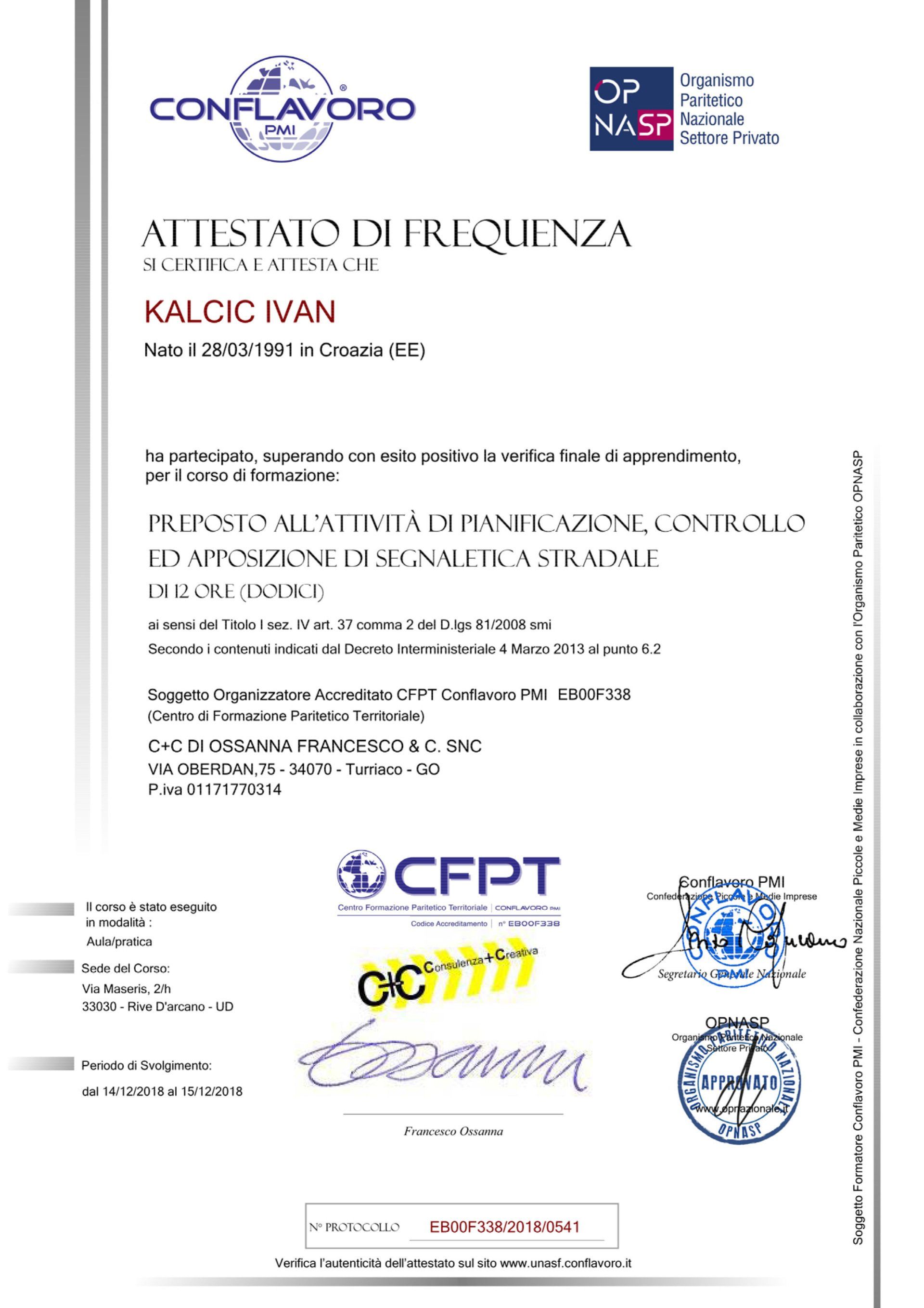 attestato per la pianificazione lavori