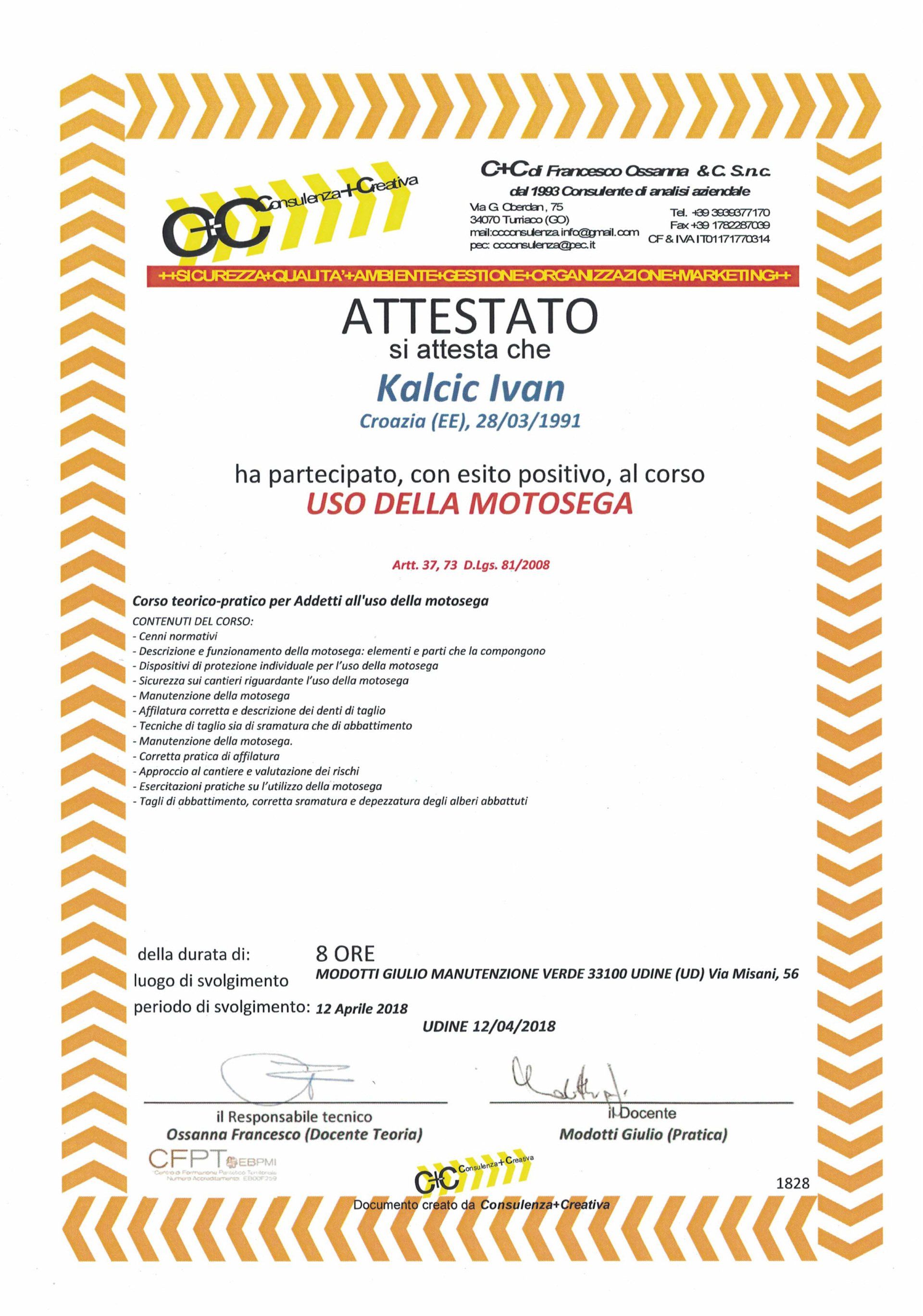 attestato per l'uso della motosega