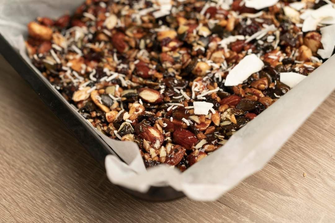 nuts and dried fruit in a dish 