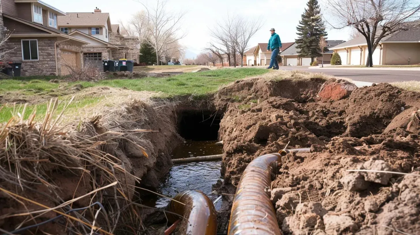 A view from inside an excavated trench showing brown pipes and water leading toward a dark drainage tunnel in a neighborhood.