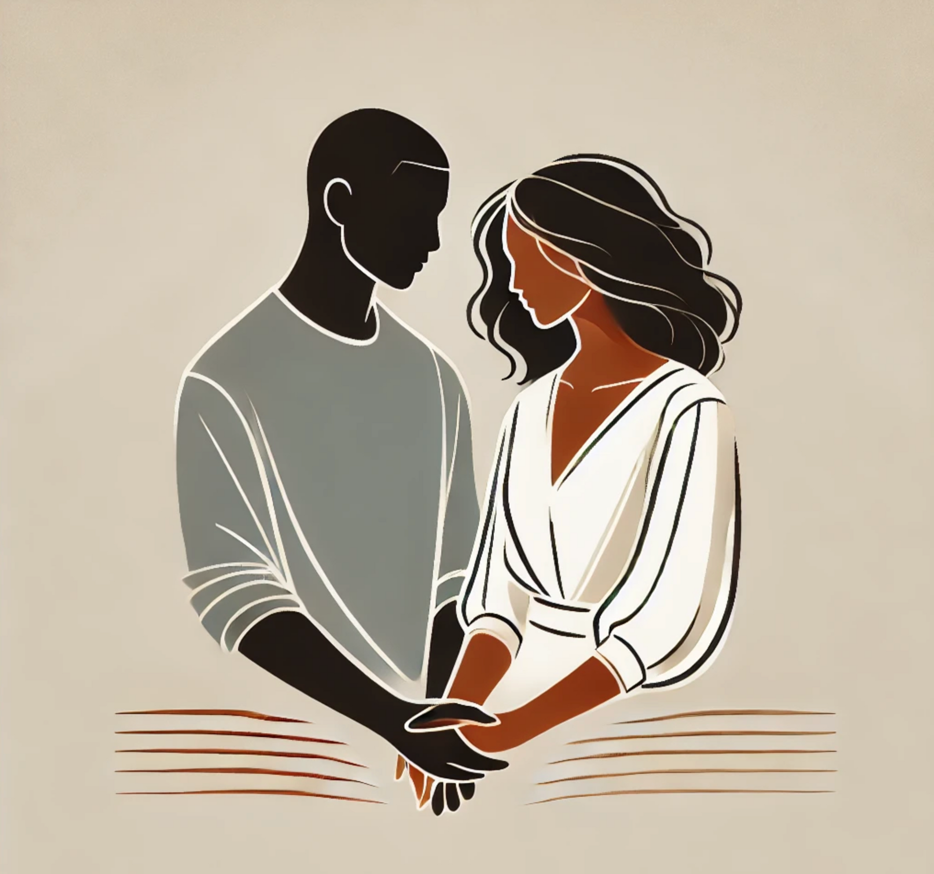 A man and a woman are holding hands and looking at each other.