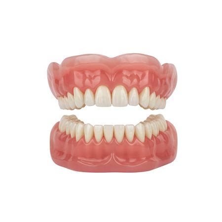 Upper and lower sets of realistic pink dentures with white teeth on a white background
