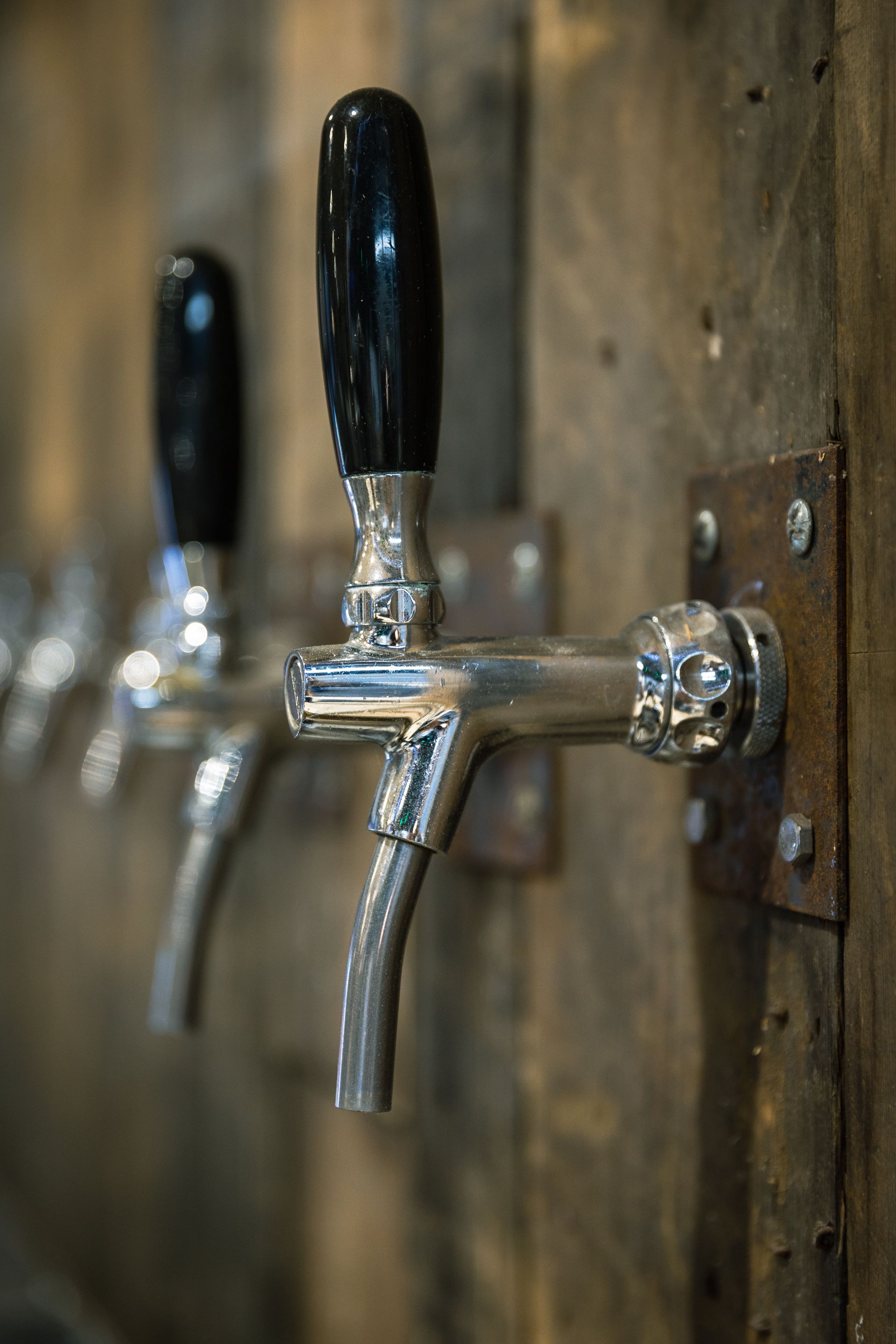 A row of beer taps hanging on a wooden wall.