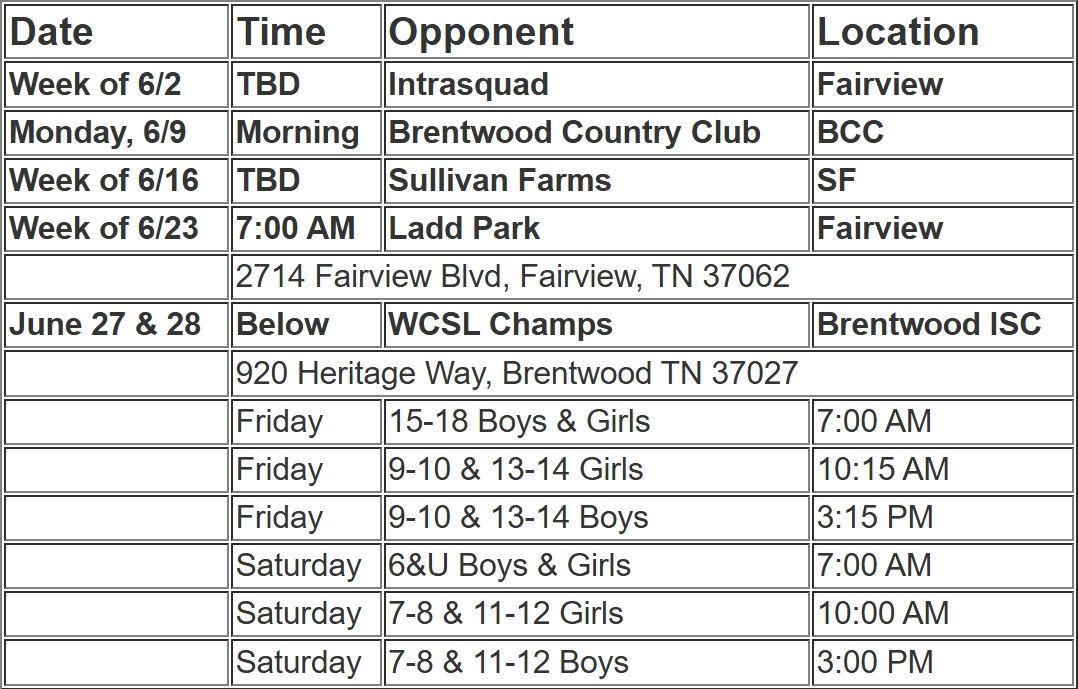 Swim meet schedule with dates, times, opponents, and locations including Ladd Park, Brentwood, and Fairview.