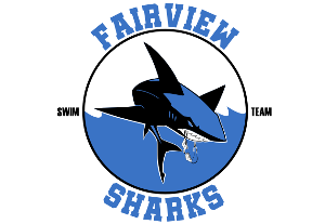Fairview Sharks swim team logo: blue shark leaping from water inside a circle with team name.