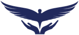 A bird with outstretched wings held by two cupped hands, all in dark blue against a white background. A bird with outstretched wings held by two cupped hands, all in dark blue against a white background.