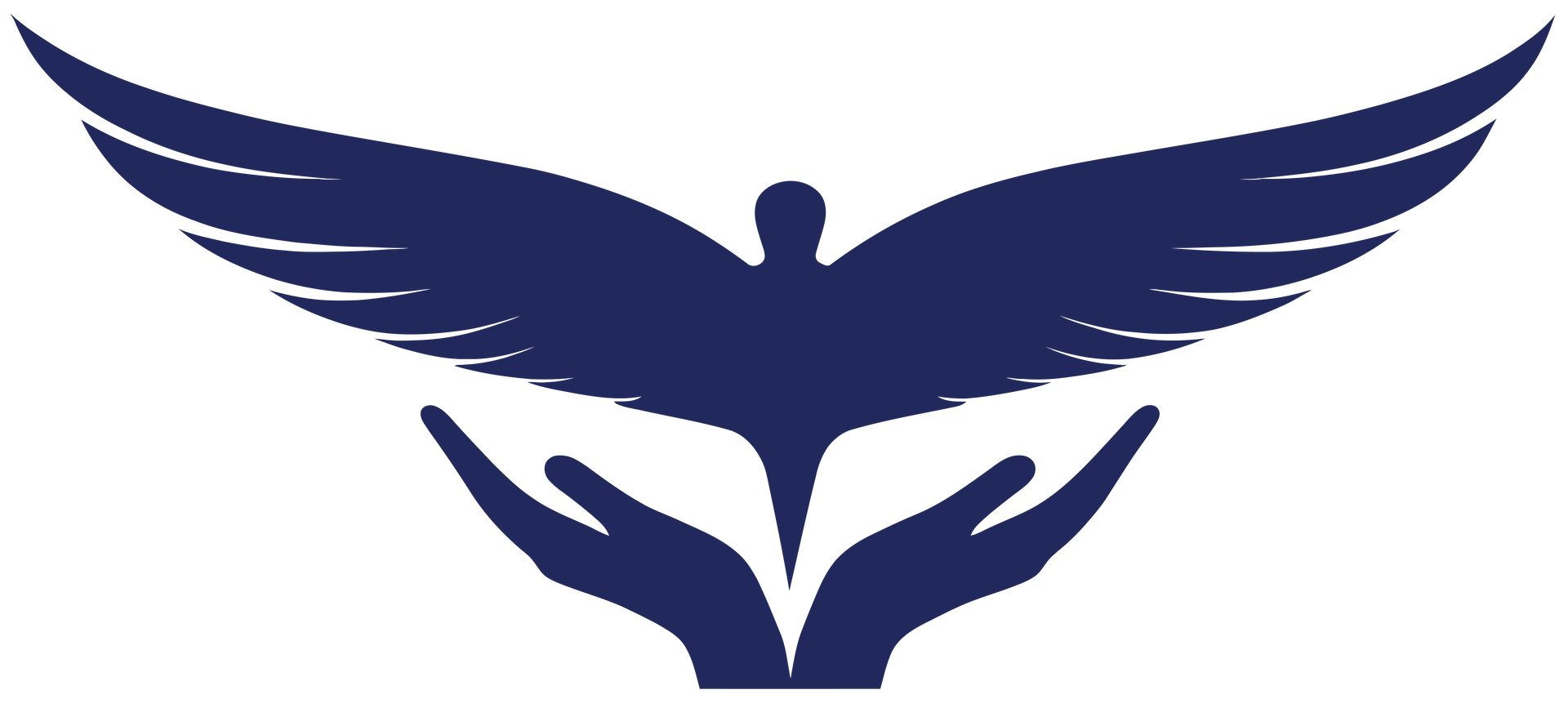 A bird with outstretched wings held by two cupped hands, all in dark blue against a white background.