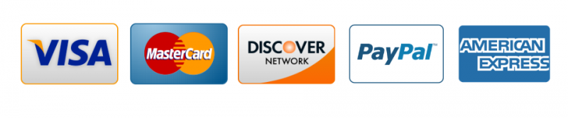 Payment logos for Visa, Mastercard, Discover, PayPal, and American Express on a white background