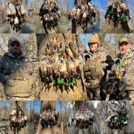 Collage of hunters in camouflage standing with harvested birds in a wooded outdoor setting