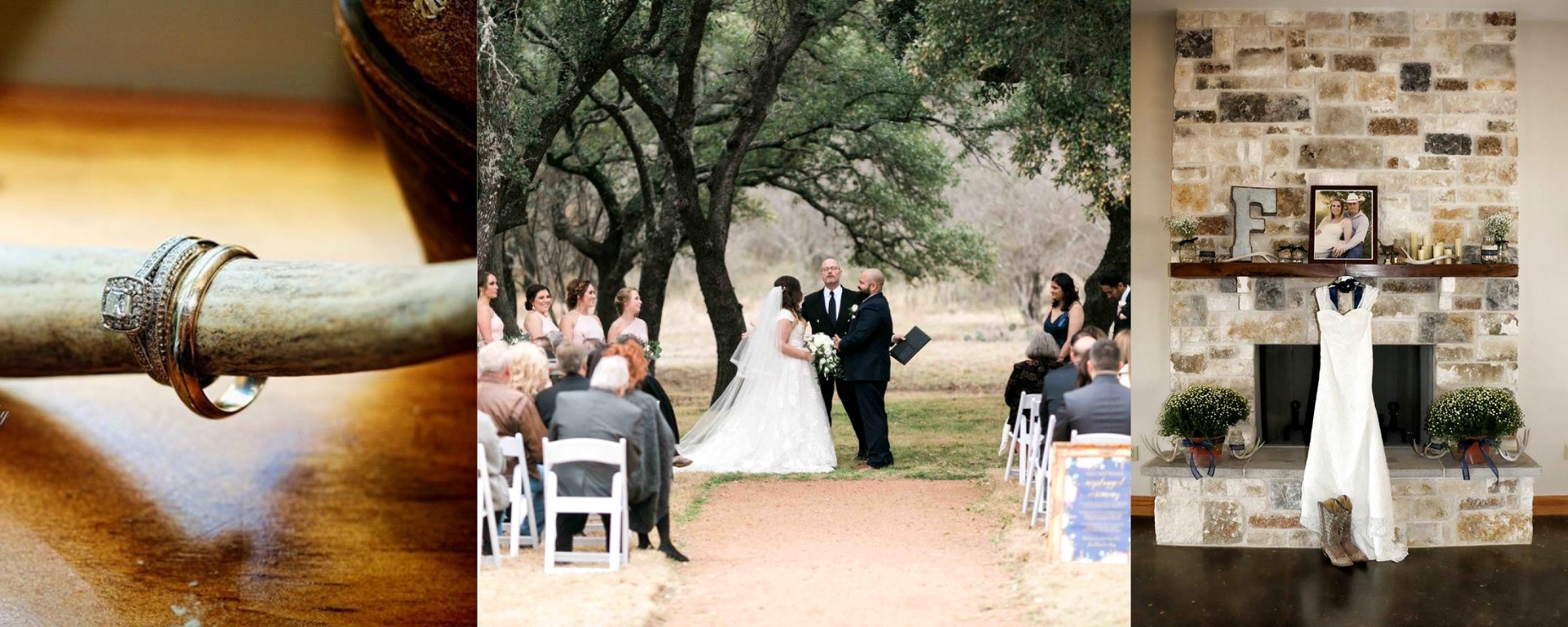 Three-panel wedding collage: close-up of a pipe, outdoor ceremony, and a dress hanging on a rustic wall