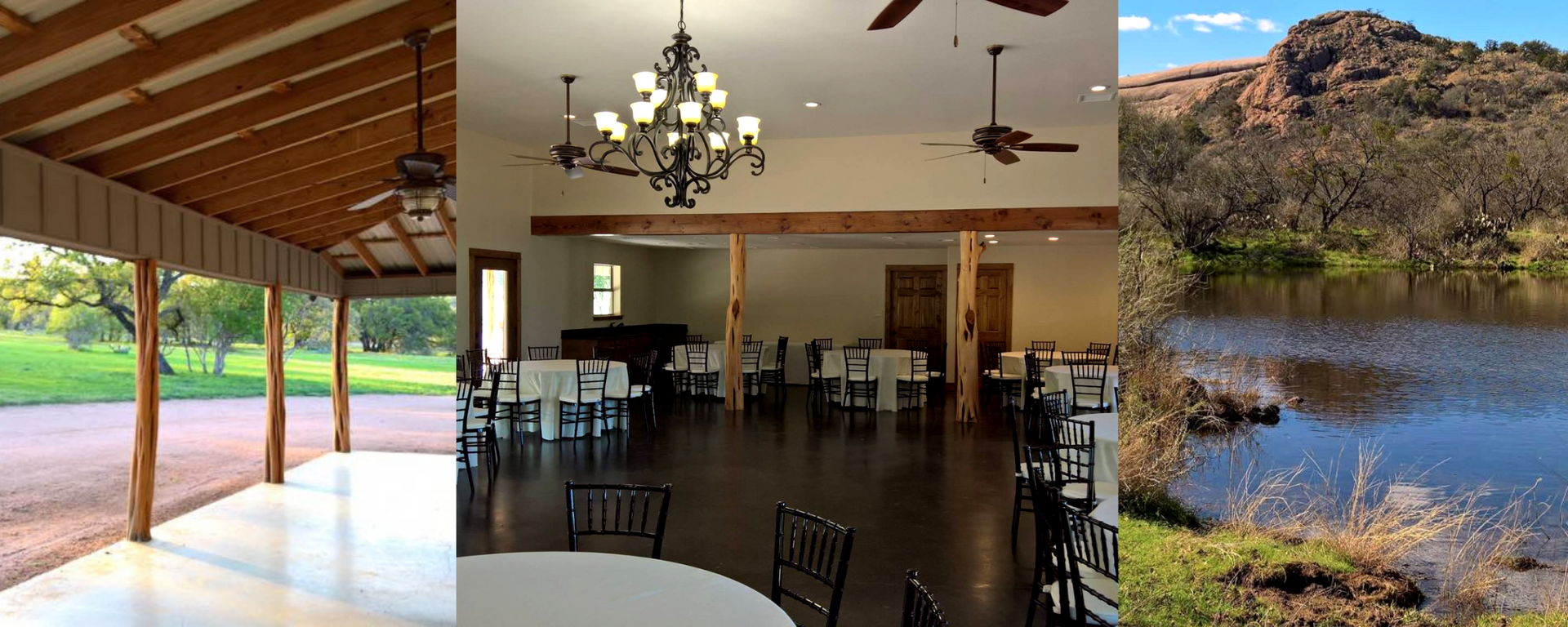 Three-panel collage of a covered patio, empty dining hall, and red-rock lake landscape