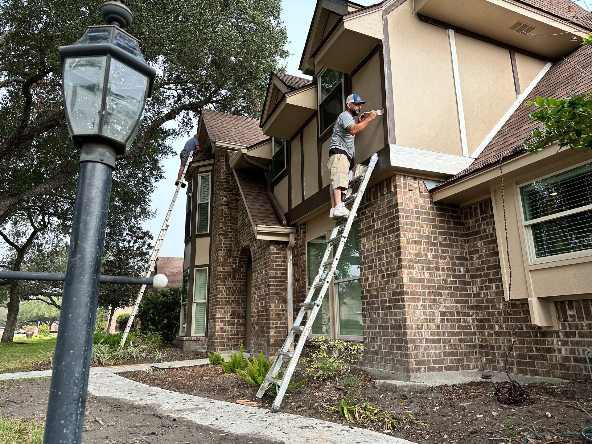 A man on a ladder is painting the side of a house.